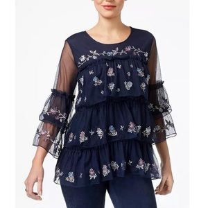 Style & Co Boho Lace Embroidered Floral Tiered Blue Blouse Size L